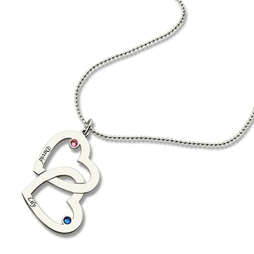 Double Heart Necklace with Name  Birthstones Sterling Silver  - Name My Jewelry &trade;