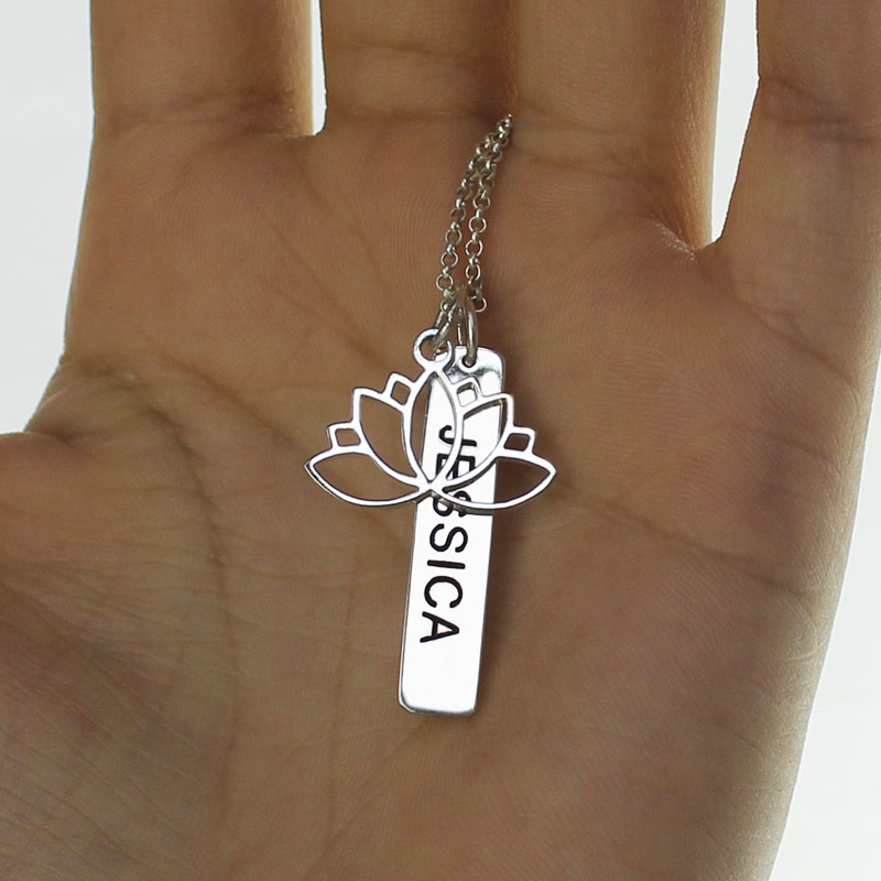 Yoga Necklace Lotus Flower Name Tag Sterling Silver - Name My Jewelry &trade;