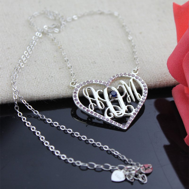 Sterling Silver Heart Birthstone Monogram Necklace  - Name My Jewelry &trade;