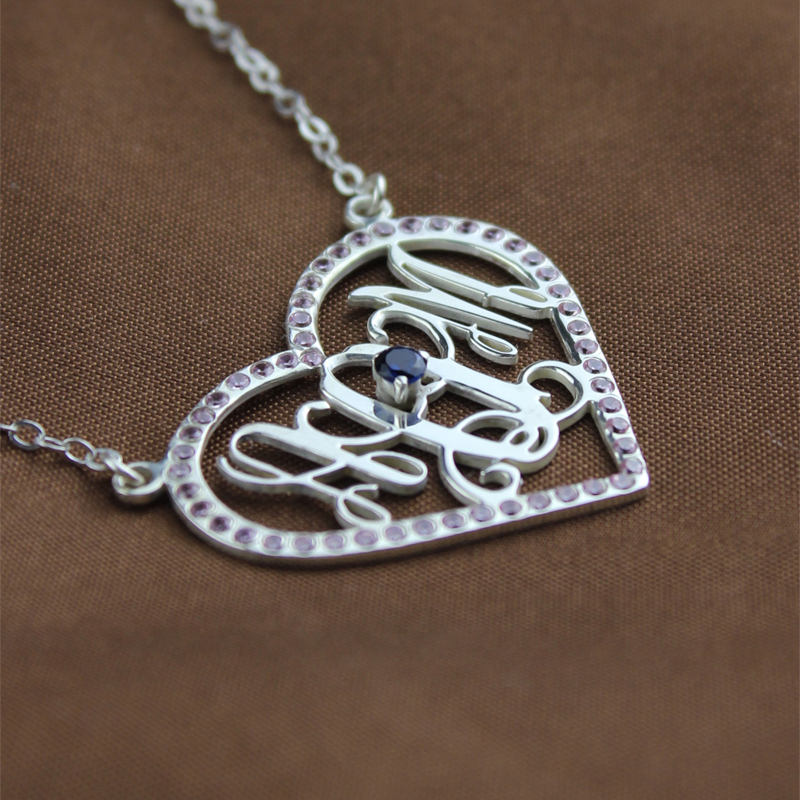 Sterling Silver Heart Birthstone Monogram Necklace  - Name My Jewelry &trade;
