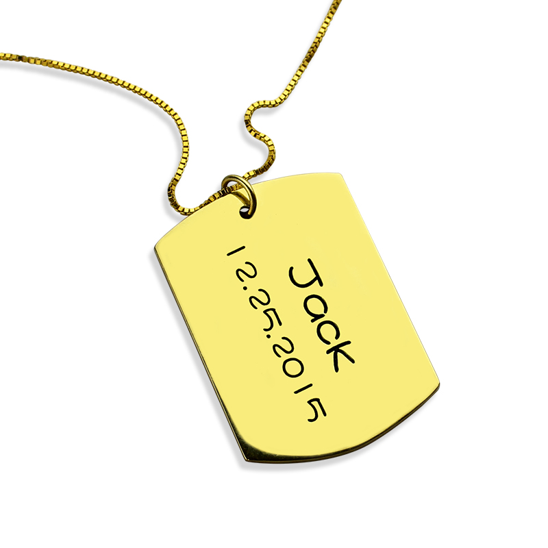 ID Dog Tag Bar Pendant with Name and Birth Date Gold Plated Silver - Name My Jewelry &trade;