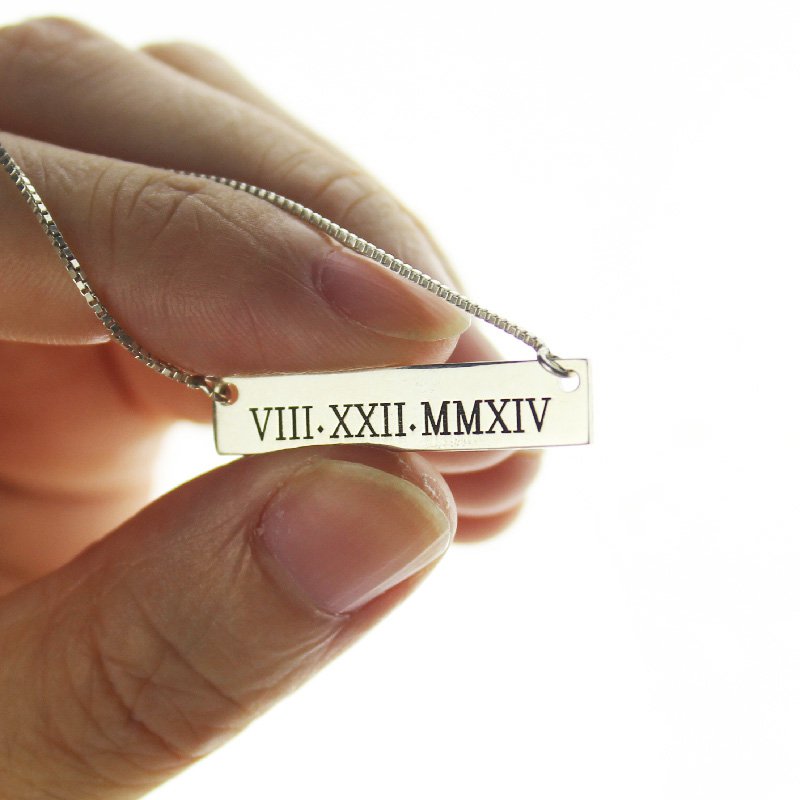 Custom Roman Numeral Bar Necklace Sterling Silver - Name My Jewelry &trade;