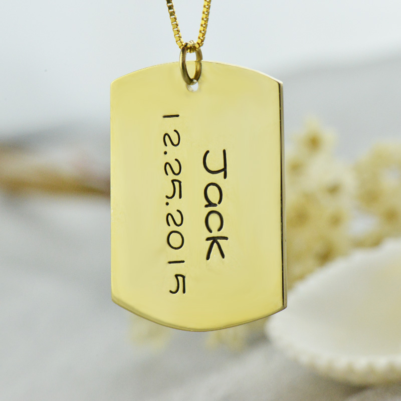 ID Dog Tag Bar Pendant with Name and Birth Date Gold Plated Silver - Name My Jewelry &trade;